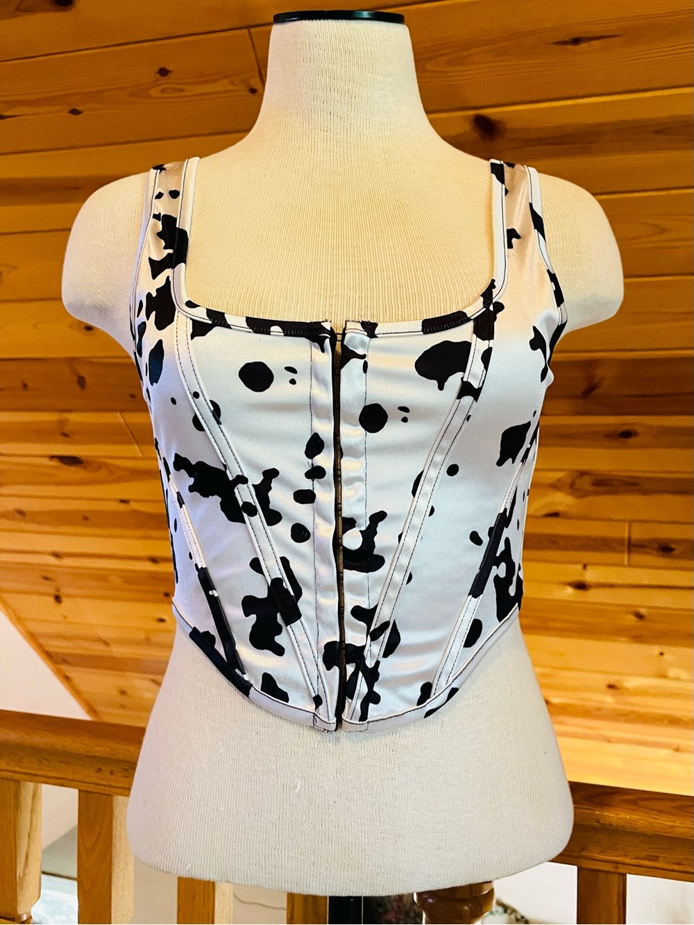 Motel Women's Black & White Cow Print Corset Sleeveless Crop Top Size M